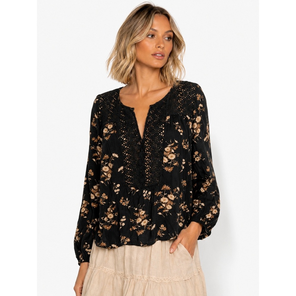 Denim & Supply Ralph Lauren Black Floral Boho Crochet Lace Peasant Blouse M